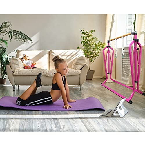 Glant Gymnastics Bar For Kids With Rings Set, 7 Heights Adjustable Easy Folding Gymnastic Training Bar Kids Monkey Horizontal Bars - Max Load 300Lbs (Pink) #TOP6