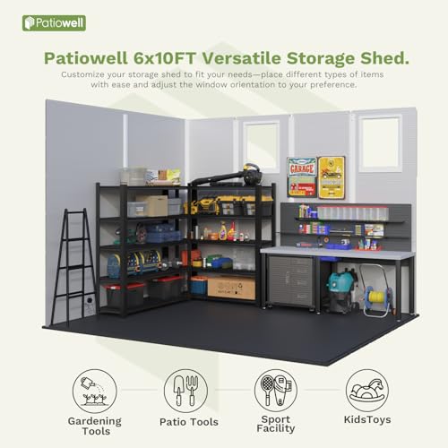 Image of Patiowell 6x10 FT Plastic Outdoor Storage Shed with Floor, Resin Garden Shed with Lockable Door, Windows, Weather-Resistant for Lawn Mower, Tool & Backyard Storage (Light Grey)