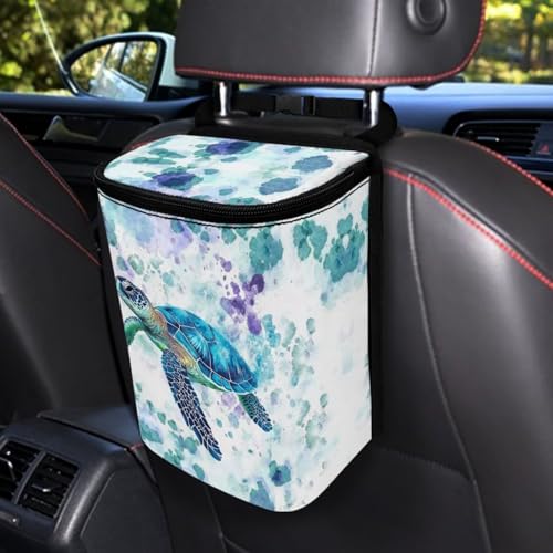Image of DISNIMO Tie Dye Sea Turtle Car Trash Can with Lid, Car Accessories Leak-Proof Waterproof Car Garbage Bin Collapsible Portable Car Storage Organizer Trash Bag for Car SUV Trucks