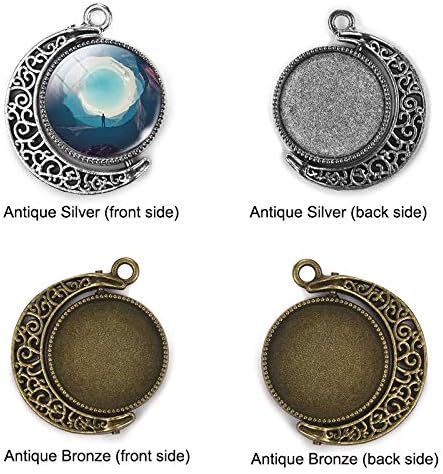 LANBEIDE 20PCS Moon Rotation Double Sided Round Bezel Blank 18mm Pendant Trays, with 40 Pieces Cabochons Settings Trays for Jewelry Making DIY Findings(Silver, Antique Bronze)