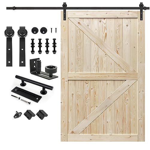 S&Z TOPHAND 54 in.x 80 in. Unfinished British Brace Knotty Barn Door with 10FT Sliding Door Hardware Kit/Solid Wood/Sliding Door/Double Surfaces/Simple Assembly is Required