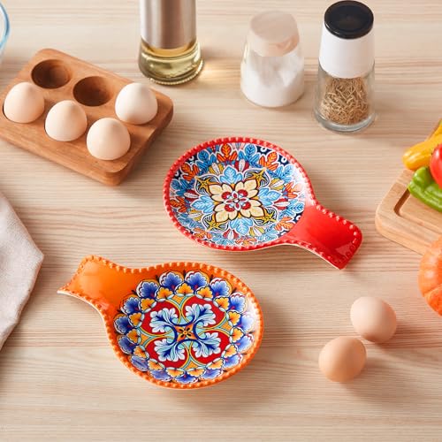 Image of vancasso 7.7 Inch Ceramic Spoon Rest Set of 2, Bohemian Spoon Holder, Light | Holds Spoons, Spatulas, Ladles, and Tongs, Bohemian Design, Stove Top and Countertop, Dishwasher and Microwave Safe Ceramic