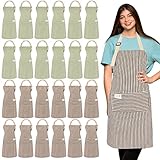 Janmercy 24 Pcs Aprons for Women Men with 2 Pockets Linen Cooking Kitchen Apron Adjustable Bib Chef Apron Bulk Aprons Unisex(Brown/green,Thin Stripes)