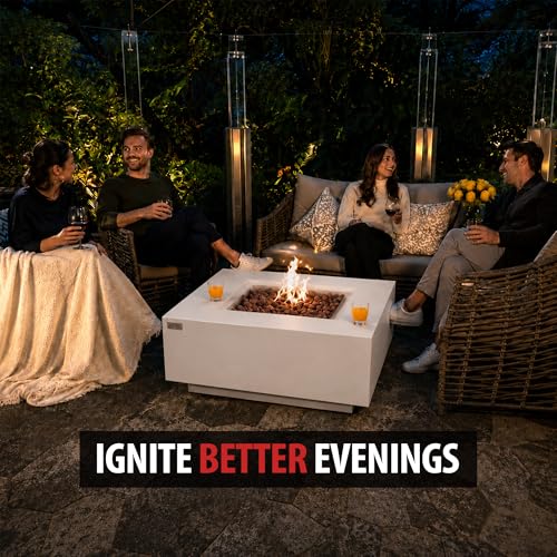 Image of AMS Creations | Brooklyn 40 inch Bundle Square Propane Gas Outdoor Fire Pit Table | Cream White Concrete GFRC Smooth Texture Surface Fire Pit Table