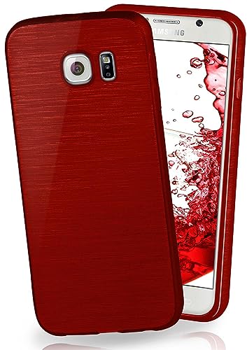 Image of moex® Silicone Case with Brushed Aluminium Look Compatible with Samsung Galaxy S6 in Burgundy Red