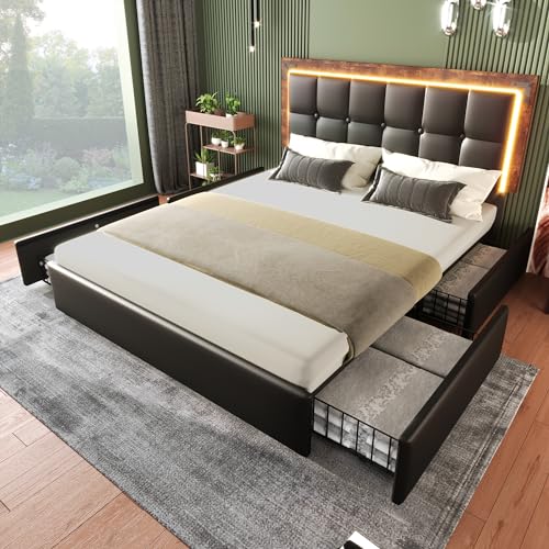 Oslghy Cama Tapizada 160x200 cm, Cama Doble con Tira de iluminación LED y 4 Cajones, Moderno Somier con Cabecero Regulable en Altura, Camas Matrimonio con Somier de Láminas, PU, Negro, Sin Colchón