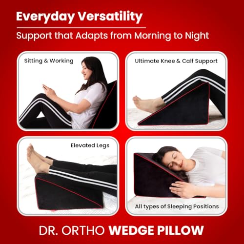Image of Dr.Ortho Wedge Cushion for Sleeping & Acid Reflux Relief | Orthopedic Wedge Cushion for Leg Elevator | High Resilience Foam | Memory Foam Pillow |Pregnancy | GERD - (Black, 17.5L X 16.5H X 10W Inch)
