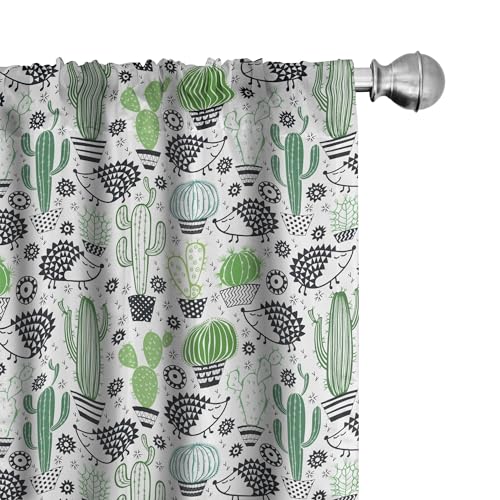 Ambesonne Cactus Curtains, Cartoon Style Inspired Drawing of Hedgehog Animals Saguaro and Prickly Pear, Window Treatments 2 Panel Set for Living Room Bedroom, Pair of - 28" x 95", White Green