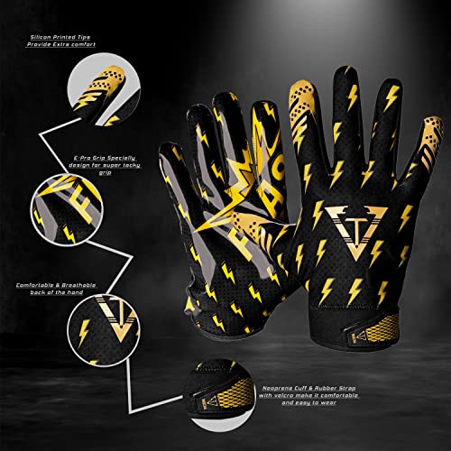 Taqcha Thunder Football Gloves - Tacky Grip Skin Tight Football Gloves - Pro Elite Super Sticky Receiver Football Gloves - Adult & Youth Sizes (Black, Adult - Large) #TOP3