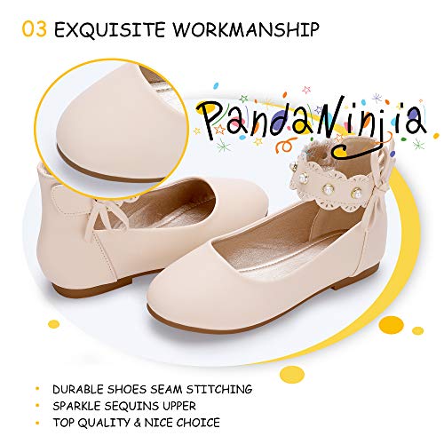 Pandaninjia Girls Dress Shoes Flower Girl Flats Pearls Ballet Bow Mary Jane Ankle Strap Wedding Party Shoes For Toddler Little Big Kid (Beige Pu, Size 11 Little Kid Sara) #TOP5