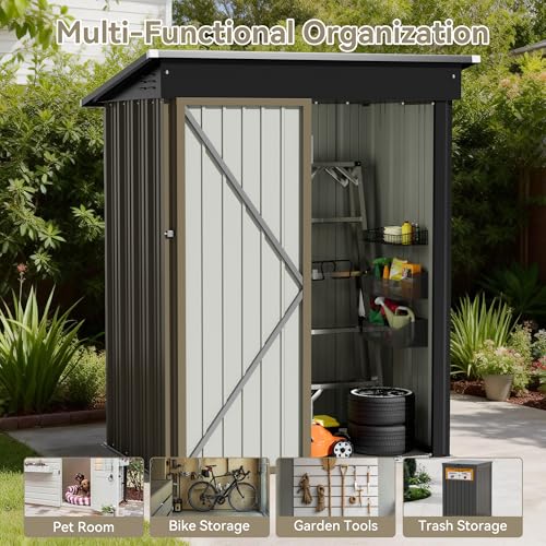 هومال سقيفة تخزين من الستيل في الهواء الطلق، سقيفة تخزين معدنية للحديقة، منزل تخزين معدني مع قفل، تخزين في الفناء الخلفي مقاوم للعوامل الجوية للادوات والدراجات والادوات المنزلية (5 × 3 قدم)
