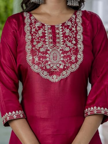 Image of VredeVogel Women's Silk Blend Embroidered Kurta with Pant & Dupatta Set