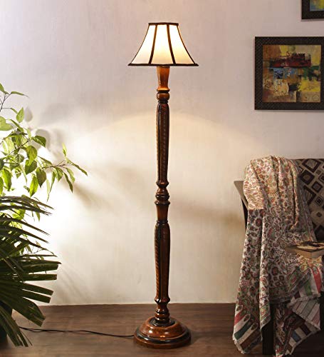 Image of Devansh Cotton Drum Designer Fashionable Wooden Carving Floor Lamp for Home Decor (Off White& Brown, Medium)
