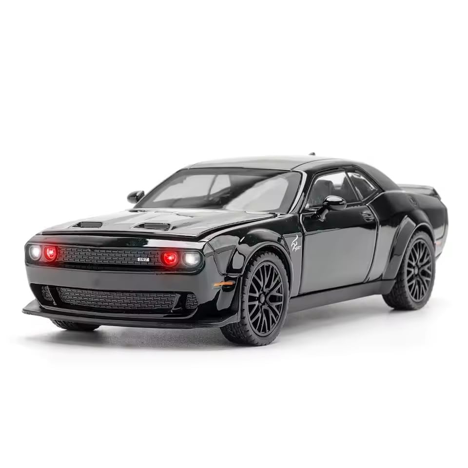 Image of Compatible for 1:32 Dodge Challenger SRT Toy Car Model, Diecast Collectible Pull Back Model Car with Sound and Light, Toy Gift Vehicles for Adults Kids Boys Girls, Black