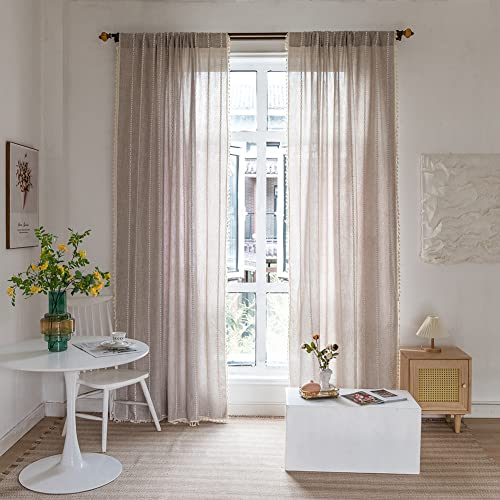 Linen Curtains Boho Farmhouse Curtains For Bedroom Living Room 63 Inches Long Semi Blackout Curtains 2 Pannels Cotton Linen Window Curtain Panel, Bohemian Tassel Curtain Drapes, 55" W X 63" L,Coffee #TOP4