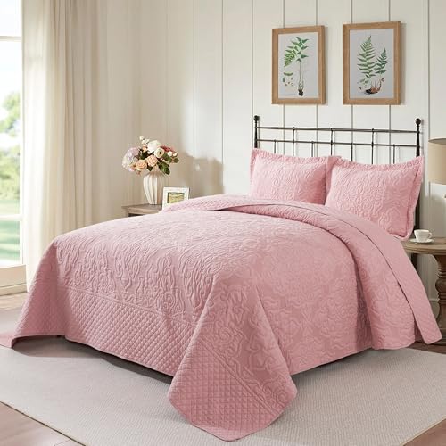 NEWLAKE Quilt Bedspread Set, Pink Jacquard Embossed Floral Pattern Reversible Embroidered Microfiber Coverlet Sets, King Size