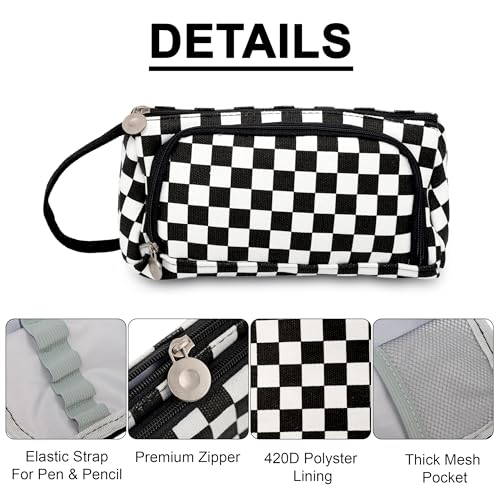 Image of Zollyss Polyester Big Capacity Pencil Case High Large Storage Pouch Marker Pen Case Simple Stationery Bag School College Office Organizer for Teens Girls & Boys (Black & White)