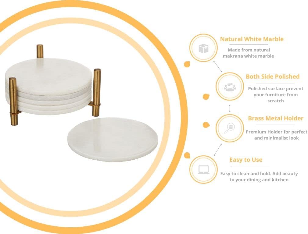 Queenza Marble Coasters for Drinks, Natural Stone Coasters Set for Coffee Table, Bar, Dining & Home Decor, Set of 6 Sleek 3.5-Inch, 5 mm Thick Tiles with Metal Holder, Polished from Both Sides - Image 8