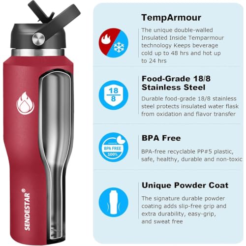 Image of SENDESTAR 40oz Water Bottle Wide Mouth Stainless Steel Vacuum Insulated Double Wall with Straw Lids Fit in Any Car Cup Holder