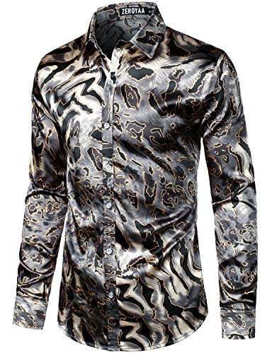 Image of ZEROYAA Men's Luxury Printed Silk Like Satin Button Down Dress Shirt for Party Prom