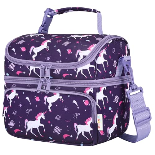 Kasgo Borsa Termica Bambini, Borsa Frigo a Due Piani Bambino Bambina Grande Borsa Termica Porta Pranzo Portamerenda con Tracolla Regolabile per Scuola Campeggio Unicorno Viola