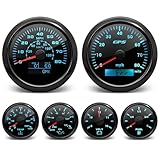 ARTILAURA 6 Gauge Set-GPS Speedometer, Tachometer, Oil Pressure, Fuel Level, Water Temperature, Voltmeter 7 Color Boat Gauges Kit Marine AUTO (All Black)