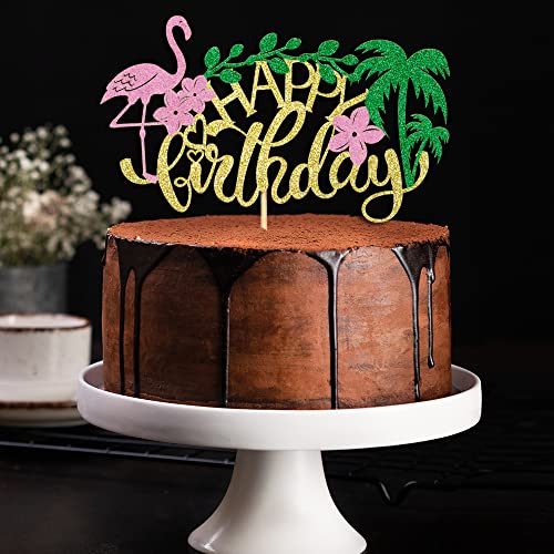 Wrackkiar Flamingo Happy Birthday Cake Topper-Tropical Hawaiian Luau Themed Party Decorate-Happy Birthday Cake Decoration #TOP4