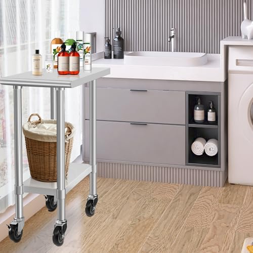 Image of HARDURA Stainless Steel Commercial Table Prep & Work Table with Casters Heavy Duty Metal Table with Wheels NSF 430 30x15 Inches