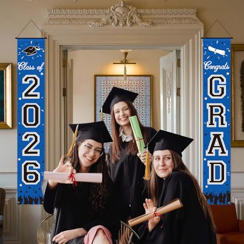Image of 2026 Graduation Decorations, Royal Blue Graduation Banner Class of 2026, Hanging Congratulations /Congrats Grad Porch Banner for Door Schools Grad Party Decorations Navy Blue