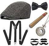 Men 1920s Roaring Retro Vintage Accessories Set Halloween Costume Gangster Hat Bow Tie Pocket Watch Suspender