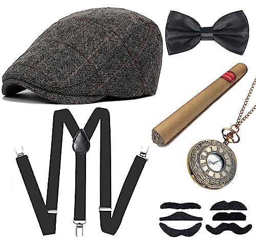 Men 1920s Roaring Retro Vintage Accessories Set Halloween Costume Gangster Hat Bow Tie Pocket Watch Suspender Dark Gray