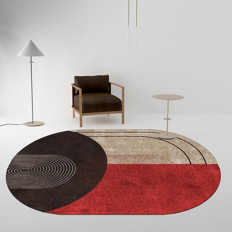 GUGJHFVH Oval Machine Washable Kitchen Area Rugs Dining Non Slip Bedroom,And Living Room Low Pile Carpet Modern geometric stripes red and brown stitching, 50 x 80 cm โ image 1