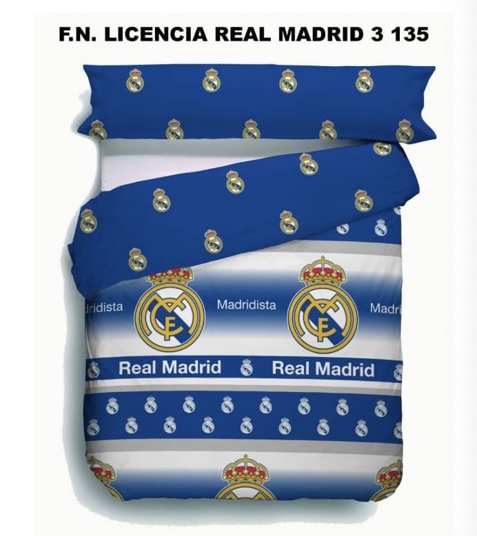 Juego de Cama del R. Madrid Equipo de Fútbol (1 Funda de Edredón + 1 Funda de Almohada), Oficial Fútbol Madrid, Regalo R. Madrid, 50% Algodón y 50% Poliester, (L,135CM)
