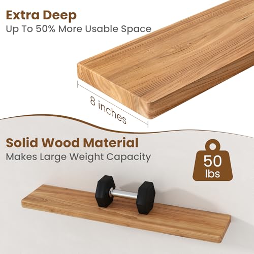 Image of Floating Shelves for Wall, 36 inchWx8 inchD Rustic Solid Elm Wood Floating Shelves Wall Mounted, Round Edge Wall Shelves with Invisible Bracket for Living Room Bathroom Bedroom Kitchen, Set of 2, Natural