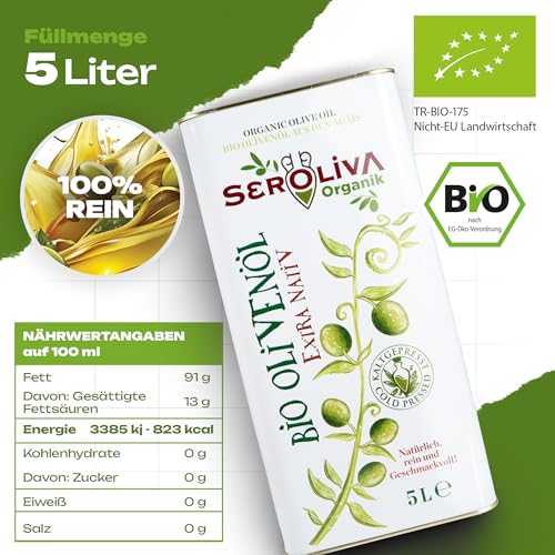 TOLLTEK Bio Olivenöl Extra Nativ [5 Liter] kaltgepresst -Virgin Olive Oil aus der türkischen Ägäis | Dezentes, natives Oliven-Öl, fein wenig Säure 0,5% perfekt für Kochen, Backen & Salate | Seroliva