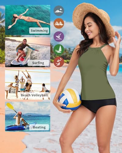 WOWENY Damen Tankini Oberteil Bikini Tank Top Bademode Crossback Strappy Swim Top Oberteil Schnell Trocknend Sommer Padded Swimsuit Shirt,M,Olivgrün