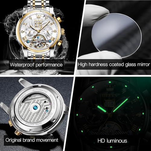 Image of OLEVS Men Automatic Watch Skeleton 5 Hands Mechanical Classic Luxury Multi Calendar Stainless Steel Waterproof Wrist Watch for Men