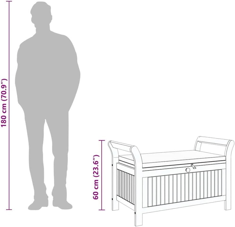 vidaXL Garden Storage Bench, Solid Acacia Wood, Gray Cushion Included, Classic Outdoor Design, Patio & Garden Seating, 35.8" x 19.7" x 23.6", Patio & Deck Organizer, Durable Wooden Furniture