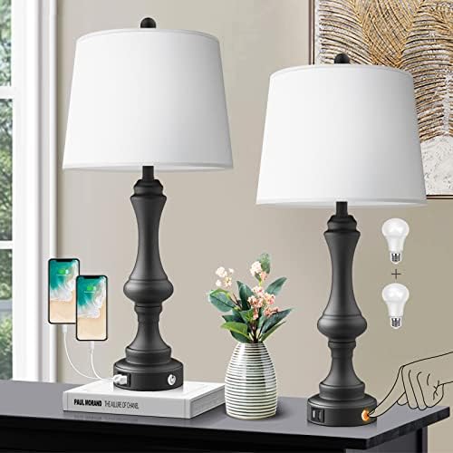 Qimh Modern Touch Control Table Lamp Set of 2,3-Way Dimmable Nightstand Lamp with USB Charging Ports, Bedside Desk Lamp with White Fabric Shade for Bedroom, Living Room (2 Bulbs Included)
