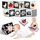 Tummy Time Toys, High Contrast Baby Book with Mirror & Teether, Black and White Infant Books, 0-6-12 Months Soft Book for Newborn, Sensory Books, Tummy Time Car Seat Toys 0-6 Month Boy Girl Gift