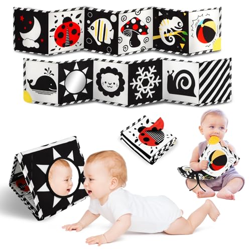 Tummy Time Toys, High Contrast Baby Book with Mirror & Teether, Black and White Infant Books, 0-6-12 Months Soft Book for Newborn, Sensory Books, Tummy Time Car Seat Toys 0-6 Month Boy Girl Gift