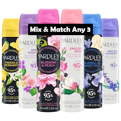 Yardley London Body Spray 75ml Bundle – Choose Any 3 Scents – English Rose, Blossom & Peach, April Violets, Bluebell & Sweetpea, Freesia & Bergamot, English Lavender – Long-Lasting Freshness