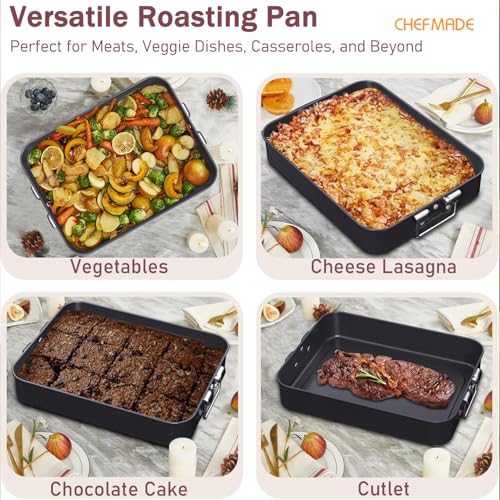 CHEFMADE Roasting Pan, 16-Inch Non-Stick Turkey Roaster Lasagna Pan with Rack - Rectangular Deep Dish Chicken Roaster Pan 16.3\" x 12.52\" x 3.11\"(Black)
