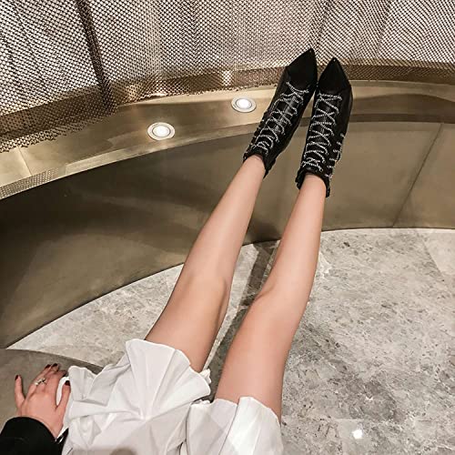 FOWT Women’s Synthetic Leather Patchwork Sexy Pointed Toe Solid Ankle Boots Dressy Wine Glass 3 IN Heel Zip up Metal Decor Booties Fall Comfort Cross-tied Street Party Short Shoes, Black US Size 4-15 M4