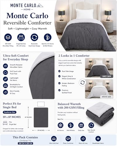 Image of Monte Carlo Polyester Comforter Single Bed | 200 GSM Lightweight & Reversible | Soft Quilt for Mild Winter | Easy Care All Season Comforter (Charcole) | 59 x 87 Inches