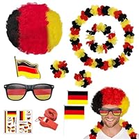 KBIBCK Deutschland Fanartikel Set für Fußball Wm 2026, 12 Teiliges Fanpaket EM Fußball mit Perücke Brille Girlanden Aufkleber Brosche Hand-Flaggen und Pfeife für Party Stadion Public Viewing
