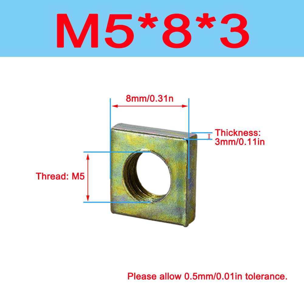 M5 Dadi quadrati, 8 mm x 3 mm, filettatura interna, zincati, filettatura metrica grossa, dadi, assortimento, kit per produzione automobilistica, accessori per hardware elettronico domestico, 100 pezzi