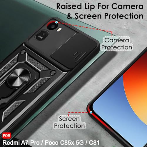 Image of TheGiftKart Tough Armor Bumper Back Cover Case for Mi Redmi A7 Pro /Poco C85x 5G / C81 | Kickstand & Ring Holder | 360 Degree Protection Back Cover Case (PC & TPU, Sliding Camera Cover, Black)