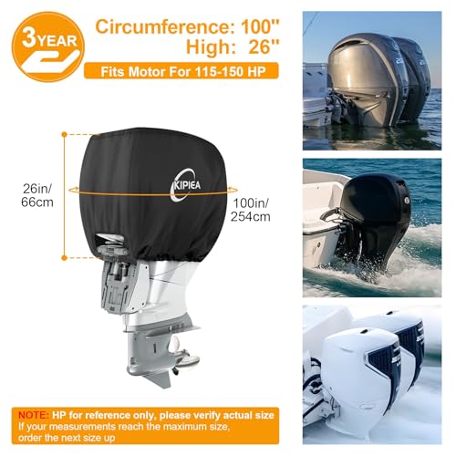 Image of Kipiea Outboard Motor Cover 1300D Heavy Duty Waterproof, Anti UV, No Tears & No Fading, Boat Motor Cover Fit for Motor 115-150 Hp (100 inch Circumference x 26 inch Height) Black