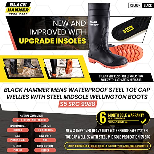 Black Hammer Mens Waterproof Steel Toe Cap Wellies with Steel Midsole Wellington Boots S5 SRC 99882